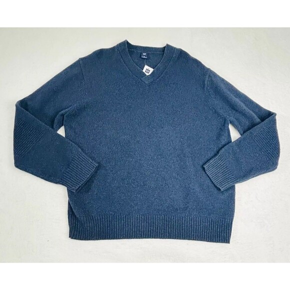 NWT Gap Wool Sweater Size XL Navy Blue‎ Angora Patchwork Textured V-Neck Preppy - Picture 2 of 16